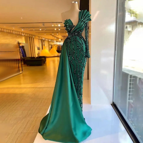 Green Satin One Shoulder Evening Dresses Gowns 2025 Mermaid Beaded Elegant Overskirt For Women Party LA71624