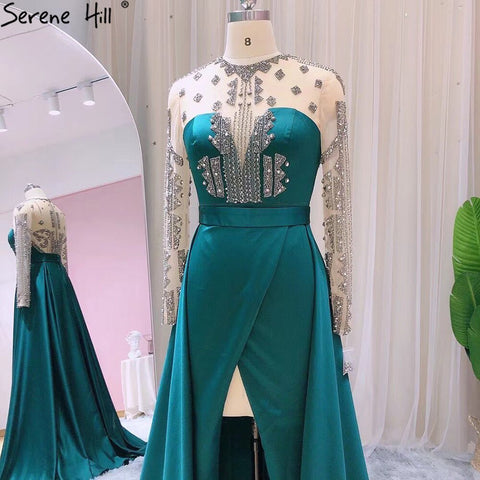 Robe de soirée fendue en satin vert, coupe trapèze, avec perles, sexy, pour femme, tenue de mariage, LA71067 