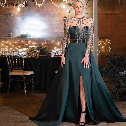 Robe de soirée fendue en satin vert, coupe trapèze, avec perles, sexy, pour femme, tenue de mariage, LA71067 