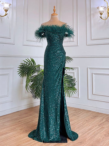 Green Sexy Mermaid High Split Feathers Formal Luxury Evening Dresses Gowns For Women Wedding Party 2025 LA71848