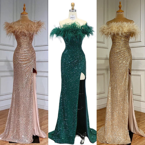 Green Sexy Mermaid High Split Feathers Formal Luxury Evening Dresses Gowns For Women Wedding Party 2025 LA71848