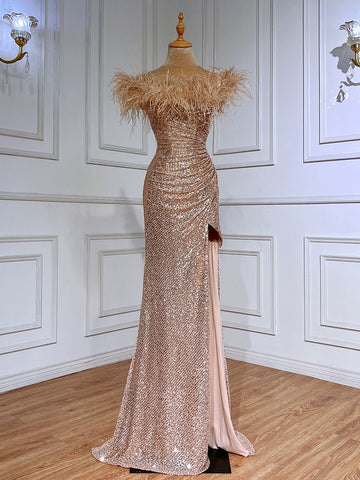 Green Sexy Mermaid High Split Feathers Formal Luxury Evening Dresses Gowns For Women Wedding Party 2025 LA71848