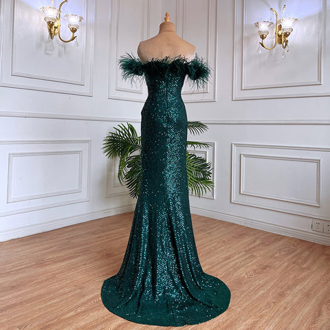 Green Sexy Mermaid High Split Feathers Formal Luxury Evening Dresses Gowns For Women Wedding Party 2025 LA71848