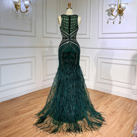 Robe de bal de luxe verte, style sirène, fendue, plumes et perles, style arabe, pour femme, soirée 2025, LA71845 