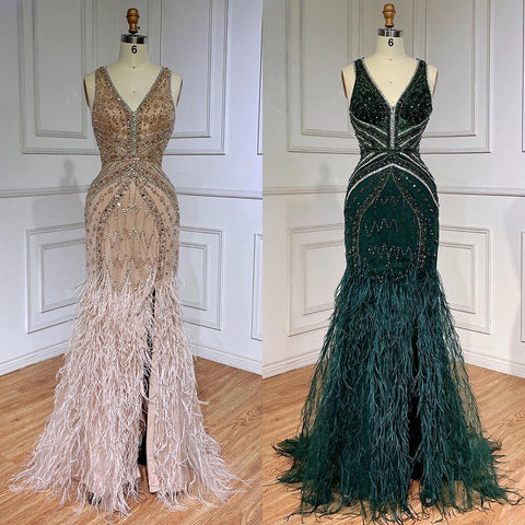 Robe de bal de luxe verte, style sirène, fendue, plumes et perles, style arabe, pour femme, soirée 2025, LA71845 