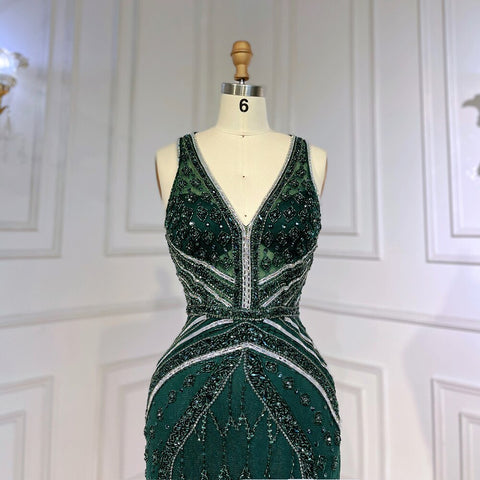 Robe de bal de luxe verte, style sirène, fendue, plumes et perles, style arabe, pour femme, soirée 2025, LA71845 