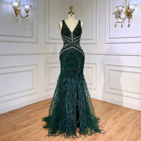 Robe de bal de luxe verte, style sirène, fendue, plumes et perles, style arabe, pour femme, soirée 2025, LA71845 