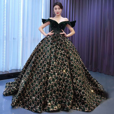 Robe de mariée verte sexy à épaules dénudées, luxueuse, à paillettes scintillantes et perles, haut de gamme, sur mesure, HM67477, 2025 