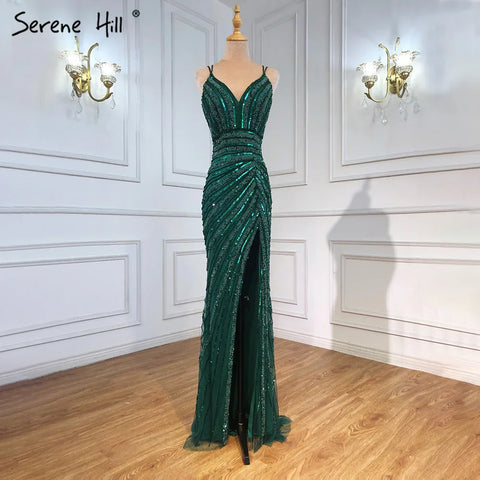 Green Spaghetti Strap Mermaid Evening Dresses Gowns 2025 Beaded Elegant High Split For Women Party LA71235