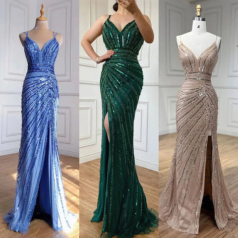 Green Spaghetti Strap Mermaid Evening Dresses Gowns 2025 Beaded Elegant High Split For Women Party LA71235
