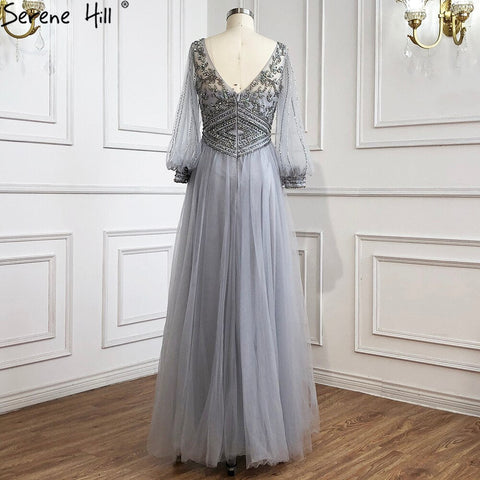Grey A-Line Beaded Evening Dresses Gowns 2025 Long Lantern Sleeves Luxury For Women Party LA70964