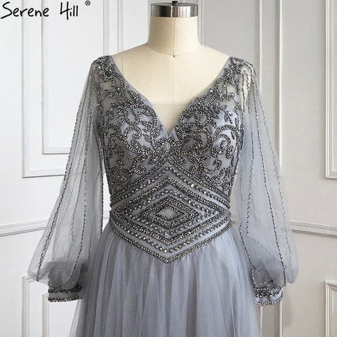 Grey A-Line Beaded Evening Dresses Gowns 2025 Long Lantern Sleeves Luxury For Women Party LA70964