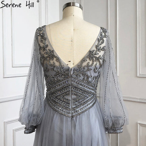 Grey A-Line Beaded Evening Dresses Gowns 2025 Long Lantern Sleeves Luxury For Women Party LA70964