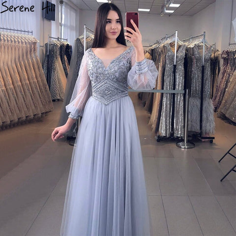 Grey A-Line Beaded Evening Dresses Gowns 2025 Long Lantern Sleeves Luxury For Women Party LA70964