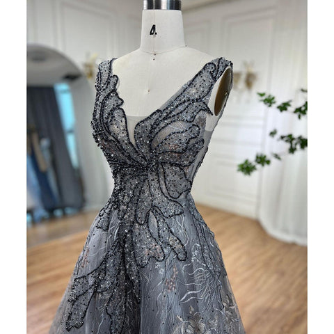 Grey A Line Luxury Evening Dresses 2025 Beaded Sleeveless Sexy For Women Wedding Party LA71250