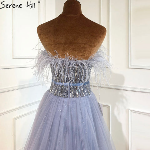 Robe de soirée luxueuse grise trapèze, avec plumes et perles, sexy, pour femme, tenue de mariage, LA70803, 2025 