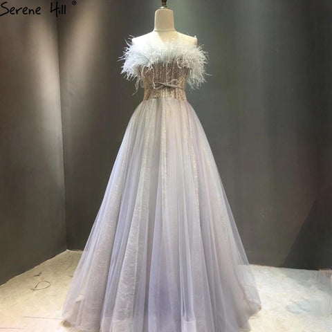 Robe de soirée luxueuse grise trapèze, avec plumes et perles, sexy, pour femme, tenue de mariage, LA70803, 2025 