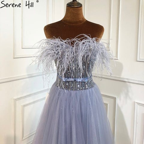 Robe de soirée luxueuse grise trapèze, avec plumes et perles, sexy, pour femme, tenue de mariage, LA70803, 2025 