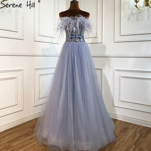 Robe de soirée luxueuse grise trapèze, avec plumes et perles, sexy, pour femme, tenue de mariage, LA70803, 2025 