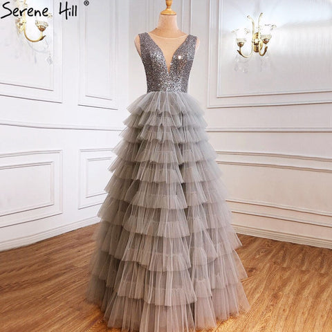 Grey  A-Line Luxury Evening Dresses Gowns 2025 Beading Tiered Sexy For Women Party LA70918
