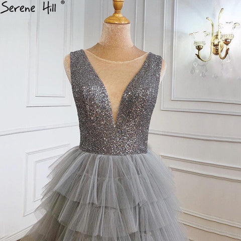 Grey  A-Line Luxury Evening Dresses Gowns 2025 Beading Tiered Sexy For Women Party LA70918