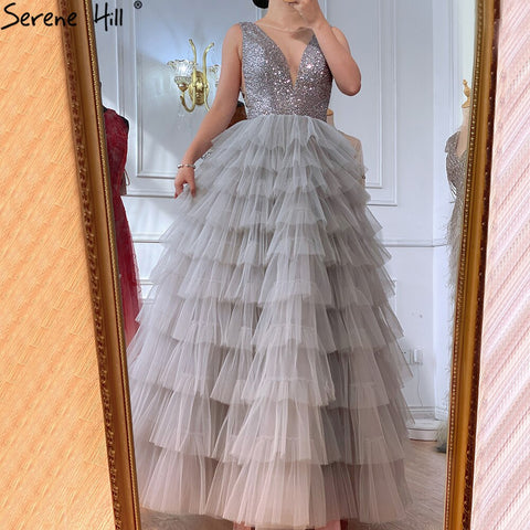 Grey  A-Line Luxury Evening Dresses Gowns 2025 Beading Tiered Sexy For Women Party LA70918