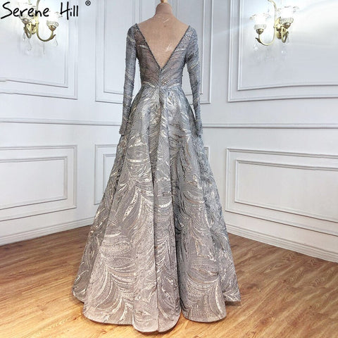 Grey A-Line Luxury Evening Dresses Gowns 2025 Lace Beaded Crystal Sexy For Woman Party  LA71171