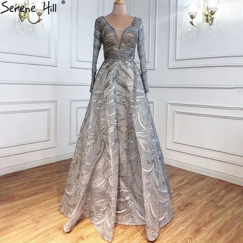 Grey A-Line Luxury Evening Dresses Gowns 2025 Lace Beaded Crystal Sexy For Woman Party  LA71171