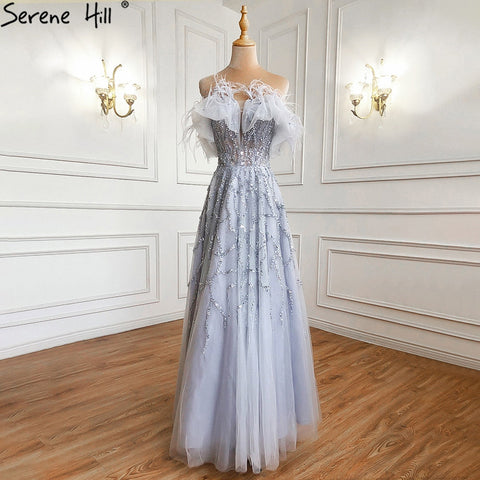 Grey A-Line Sexy Evening Dresses Gowns Beaded Feather Sparkle Formal Women Party LA71328 Featured