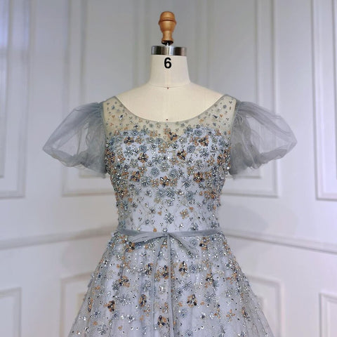 Robe de soirée luxueuse grise, coupe trapèze, longueur au sol, perles, col rond, style arabe, 2025, LA71839 