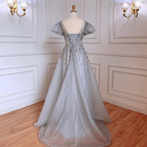 Robe de soirée luxueuse grise, coupe trapèze, longueur au sol, perles, col rond, style arabe, 2025, LA71839 
