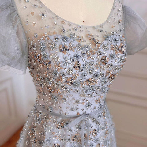 Robe de soirée luxueuse grise, coupe trapèze, longueur au sol, perles, col rond, style arabe, 2025, LA71839 