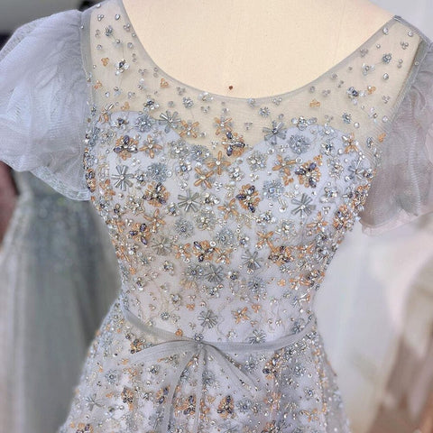 Robe de soirée luxueuse grise, coupe trapèze, longueur au sol, perles, col rond, style arabe, 2025, LA71839 