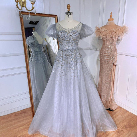 Robe de soirée luxueuse grise, coupe trapèze, longueur au sol, perles, col rond, style arabe, 2025, LA71839 