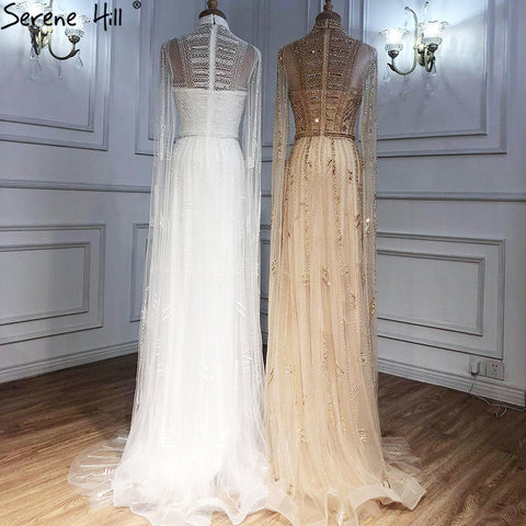 Grey Nude Arabic Evening Dresses with Cape Sleeves LA71047