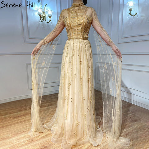 Grey Nude Arabic Evening Dresses with Cape Sleeves LA71047