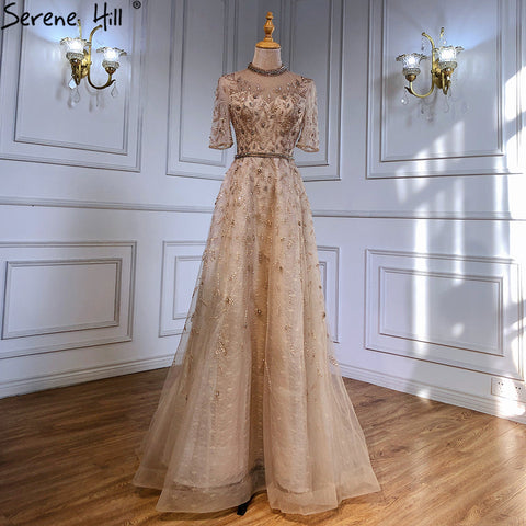 Grey Beaded Sparkle A-Line Evening Dresses Gowns 2025 Half Sleeves Luxury For Women Party LA71378