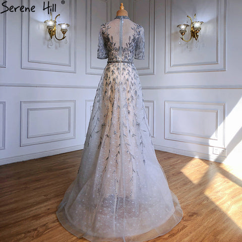 Grey Beaded Sparkle A-Line Evening Dresses Gowns 2025 Half Sleeves Luxury For Women Party LA71378