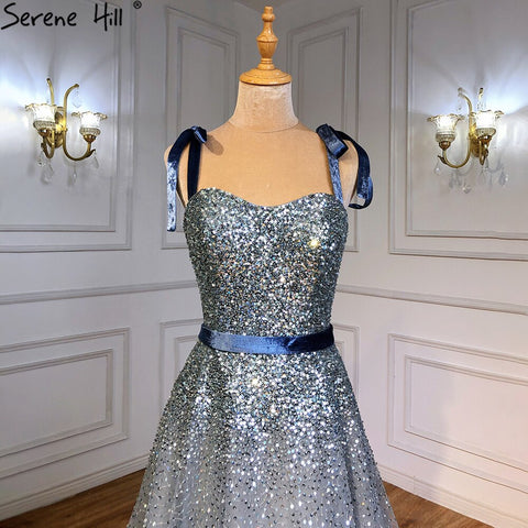 Grey Blue A-Line Luxury Evening Dresses Gowns 2025 Spaghetti Strap Beading Sexy For Women Party LA70888