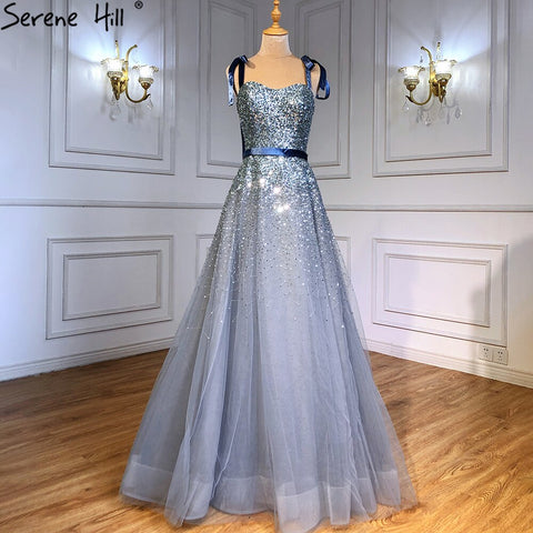 Grey Blue A-Line Luxury Evening Dresses Gowns 2025 Spaghetti Strap Beading Sexy For Women Party LA70888