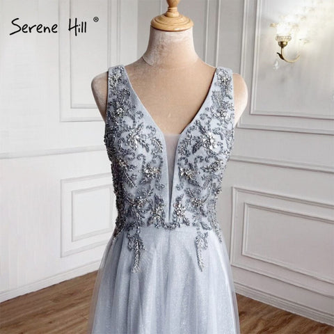 Grey Blue A-Line Sexy Evening Dresses Gowns 2025 Beaded Sleeveless Simple For Women Party LA71257
