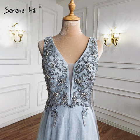 Grey Blue A-Line Sexy Evening Dresses Gowns 2025 Beaded Sleeveless Simple For Women Party LA71257