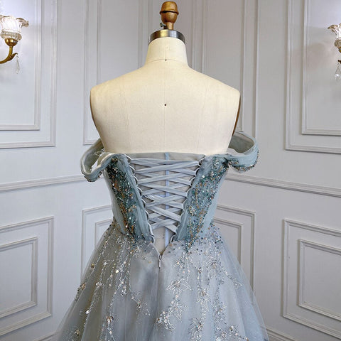 Robe de soirée luxueuse à perles, coupe trapèze, bleu et gris, avec jupe à bretelles et manches courtes, pour femme, LA71740 
