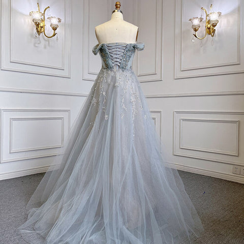 Robe de soirée luxueuse à perles, coupe trapèze, bleu et gris, avec jupe à bretelles et manches courtes, pour femme, LA71740 