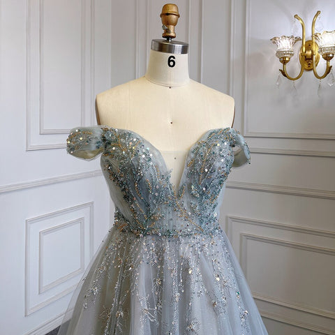 Robe de soirée luxueuse à perles, coupe trapèze, bleu et gris, avec jupe à bretelles et manches courtes, pour femme, LA71740 