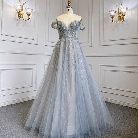 Robe de soirée luxueuse à perles, coupe trapèze, bleu et gris, avec jupe à bretelles et manches courtes, pour femme, LA71740 