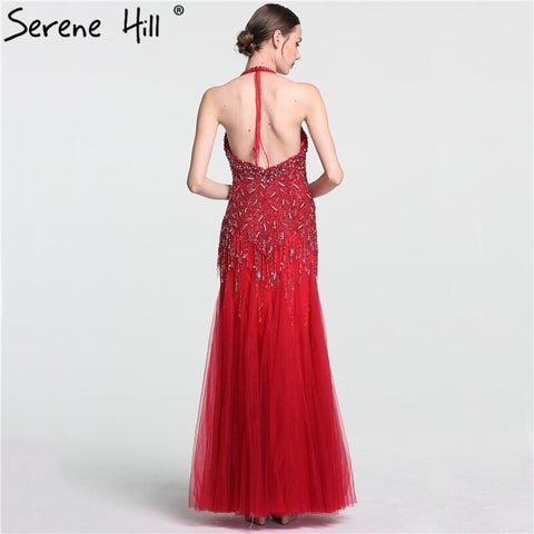 Robe de soirée sirène grise, longueur au sol, sexy, dos nu, avec pompons en cristal et perles, style arabe, 2025, LA6151 