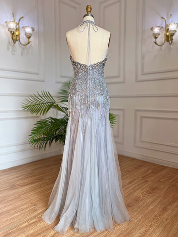 Robe de soirée sirène grise, longueur au sol, sexy, dos nu, avec pompons en cristal et perles, style arabe, 2025, LA6151 