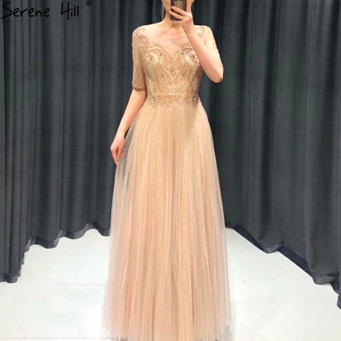 Grey Half Sleeves Luxury Evening Dresses Gowns 2025 Beading A-Line Sexy For Women Party LA70909