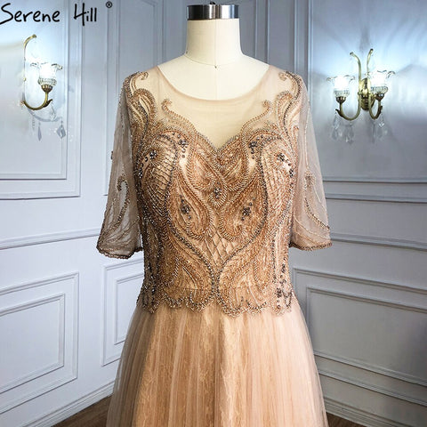 Grey Half Sleeves Luxury Evening Dresses Gowns 2025 Beading A-Line Sexy For Women Party LA70909